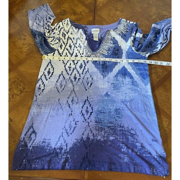 Chico’s Blue White Multi Ikat Aztec Prints Beaded Sequins Tunic Top Sz 1 M 8 - Picture 7 of 8